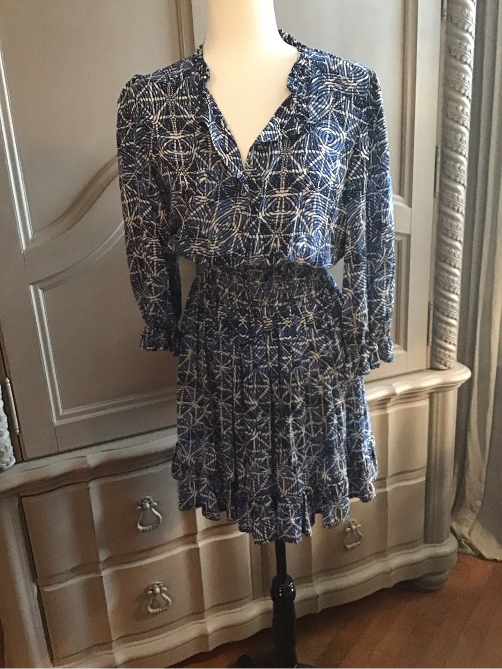 Maje Navy and White Printed Long-Sleeve V-Neck Dress
